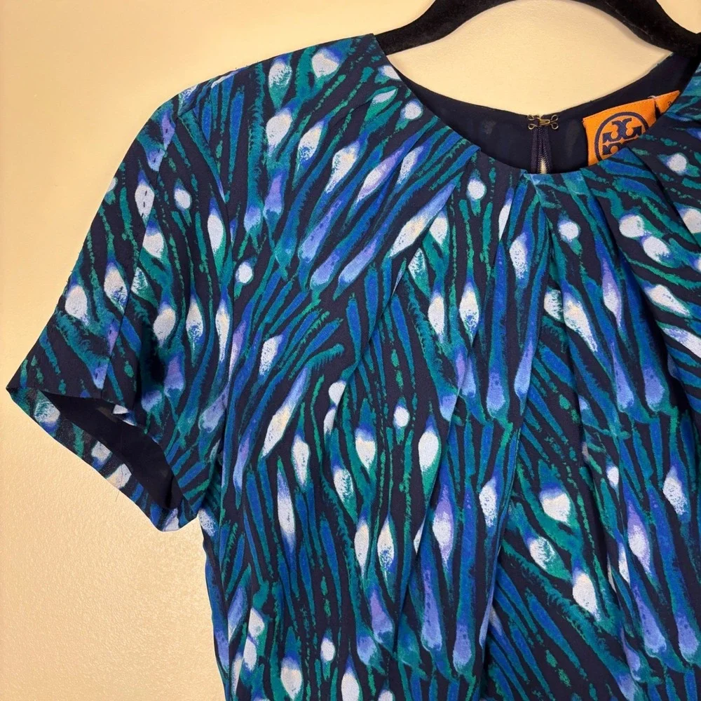TORY BURCH 100% Silk Dress‎ Size 2 Blue Green Watercolor Short Sleeve Cocktail